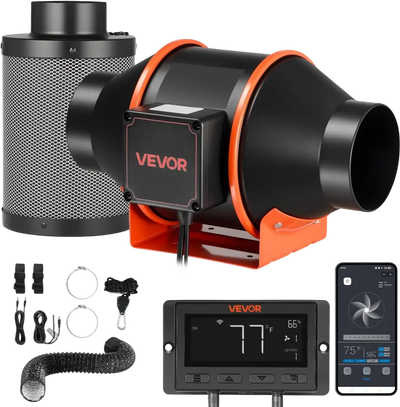 VEVOR Inline Duct Fan Kit Carbon Filter, 205 CFM 4 inch EC Motor Exhaust Ventilation Fan with 10-Speed, PWM Controller, App Control, Timer, Cooling System for Grow Tent, Indoor Gardening, Hydroponics