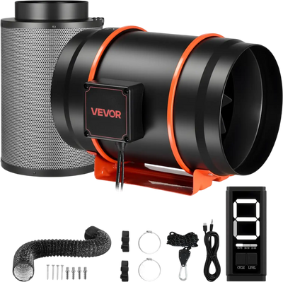 VEVOR Inline Duct Fan Kit with Carbon Filter, 807 CFM 8 inch EC Motor Ventilation Fan with 3-Speed Circulation, 10-Speed PWM Controller, Timer, Cooling for Grow Tents, Indoor Gardening, Hydroponics