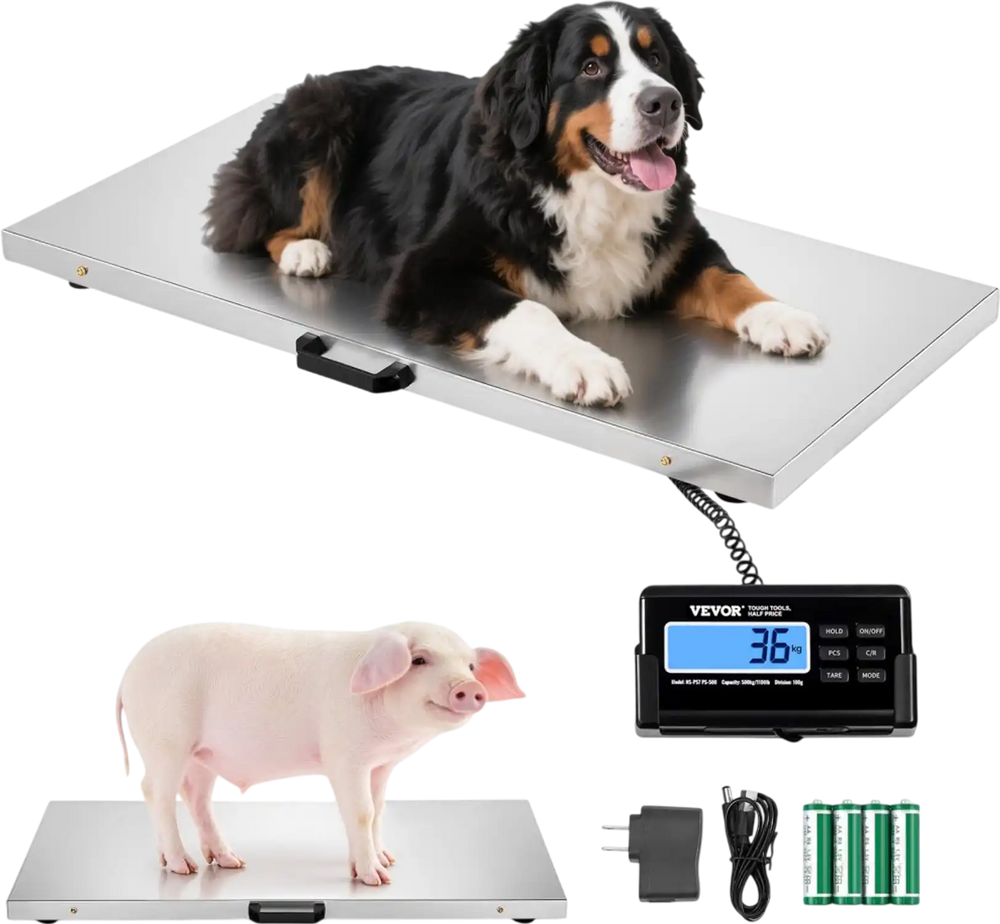 VEVOR 1100Lbs x 0.2Lbs Digital Livestock Scale Large Pet Vet Scale Stainless Steel Platform Electronic Postal Shipping Scale Heavy Duty Large Dog Hog Sheep Goat Pig Sheep Scale