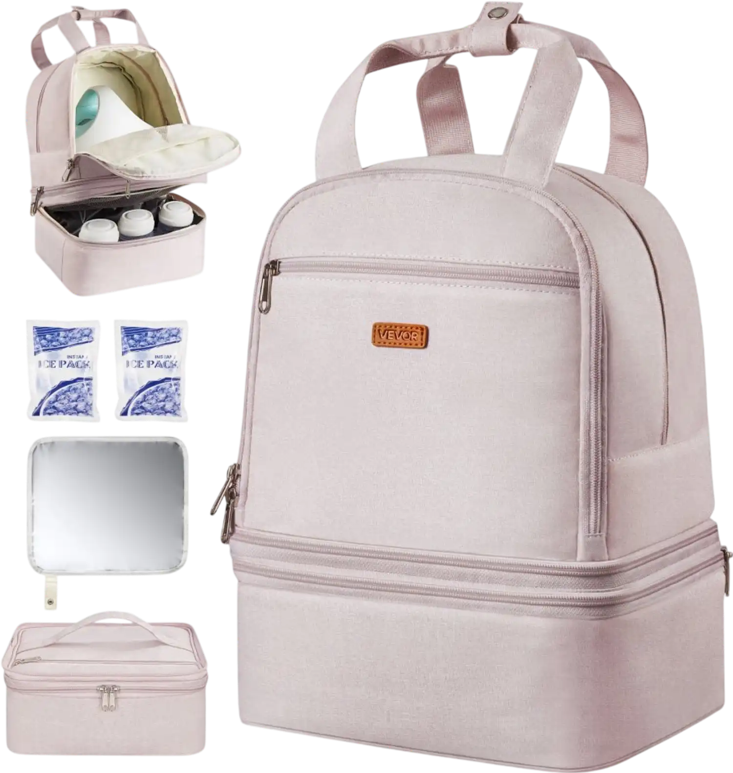 Vevor Breast Pump Backpack Portable Carrying Bag with Ice Pack Light Pink New