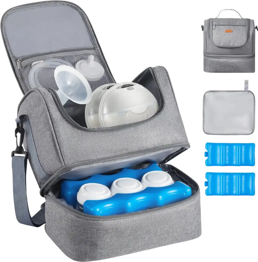 VEVOR Breast Pump Bag, Breast Feeding Bag with Ice Pack, Fits for S1/S2, Pumping Accessories & Breastmilk Storage, Portable Pump Carrying Case for Work, Travel and Family Use, Grey