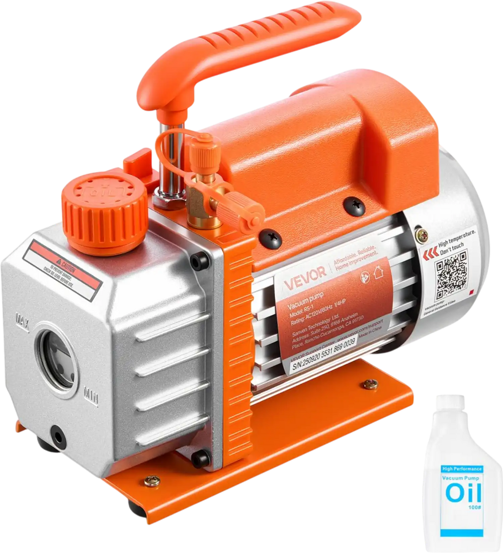 VEVOR Vacuum Pump, 3.5 CFM 1/4 HP, HVAC Single Stage Rotary Vane AC Vacuum Pump, for R134a R22 R410a Systems, 4 Pole Motor, for Automotive Air Conditioner Maintenance Resin Degassing, Oil Included