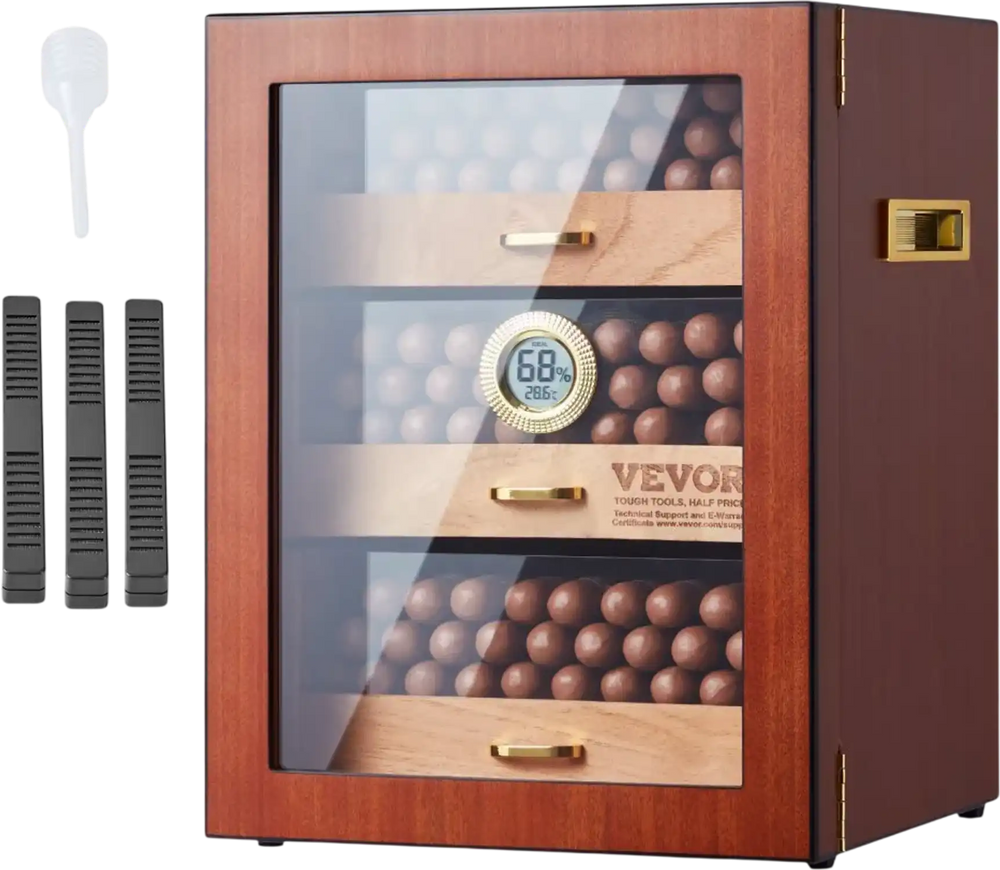 VEVOR Cigar Humidor Cabinet, Handmade Spanish Cedar Wood Cigar Humidor for 100-150 Cigars, Glass Cigar Desktop Storage Case with Digital Humidifier, Hygrometer, Shelves, and Handle, Great Gift for Men