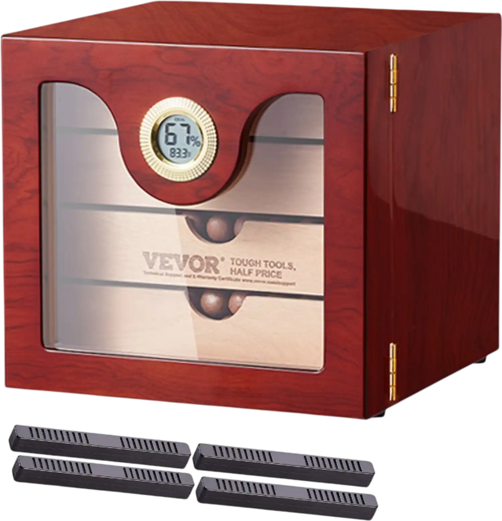 VEVOR Cigar Humidor Cabinet, Handmade Spanish Cedar Wood Cigar Humidor for 50-100 Cigars, Glass Cigar Desktop Storage Case with Digital Humidifier, Hygrometer and Shelves, Great Gift for Men