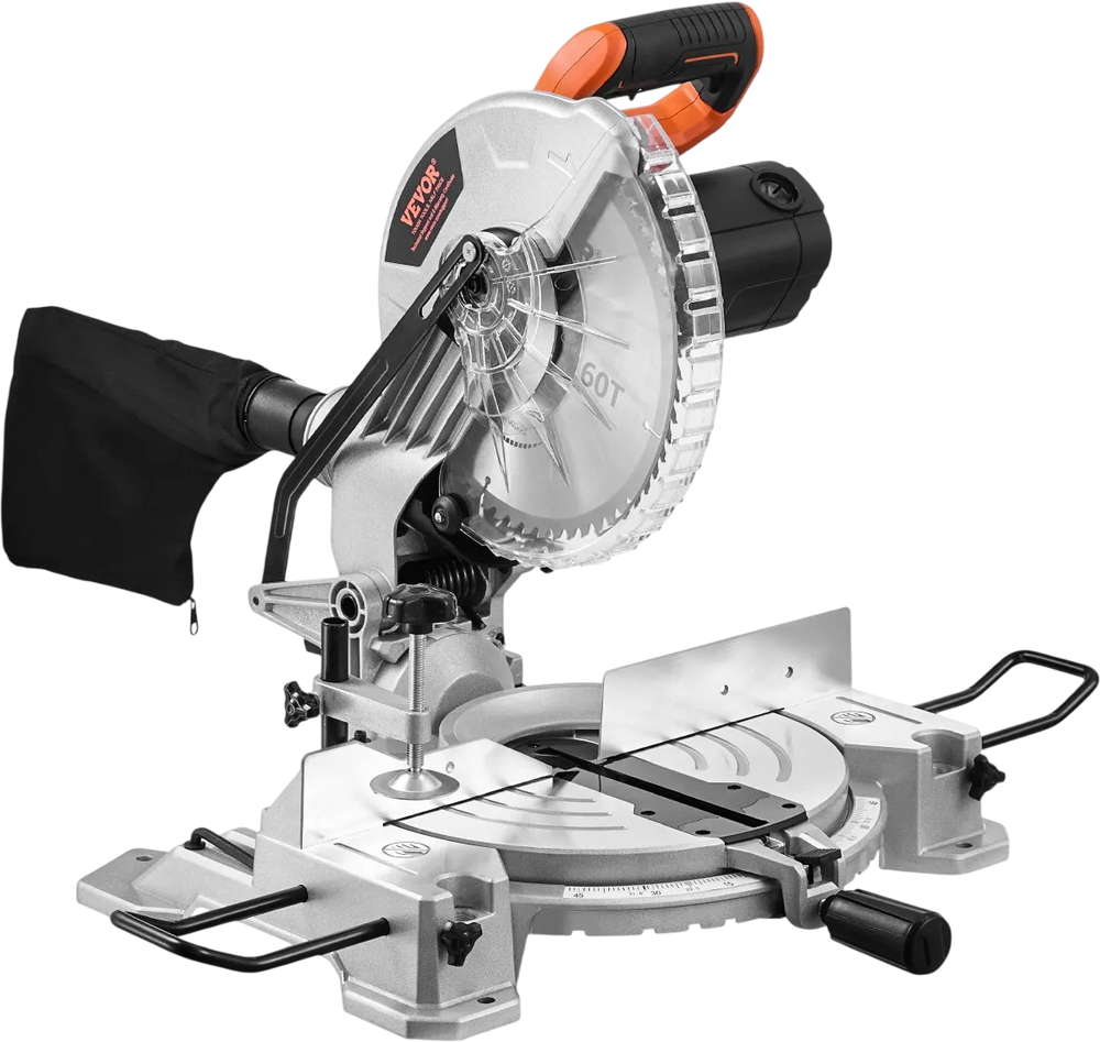 VEVOR Compound Miter Saw, 10-Inch Blade, 15 Amp Motor, 60-Tooth, Corded Single Bevel 0-45°, LED Precision Alignment, Angle Adjustable, Lightweight Cast Aluminum Base, for Wood, Composite Decking