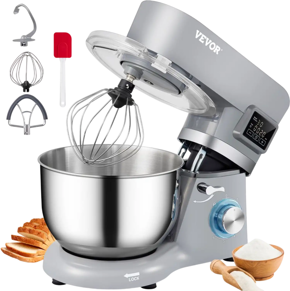 VEVOR Stand Mixer, 660W Electric Dough Mixer with 6 Speeds LCD Screen Timing, Tilt-Head Food Mixer with 5.8 Qt Stainless Steel Bowl, Dough Hook, Flat Beater, Whisk, Scraper, Splash-Proof Cover - Gray