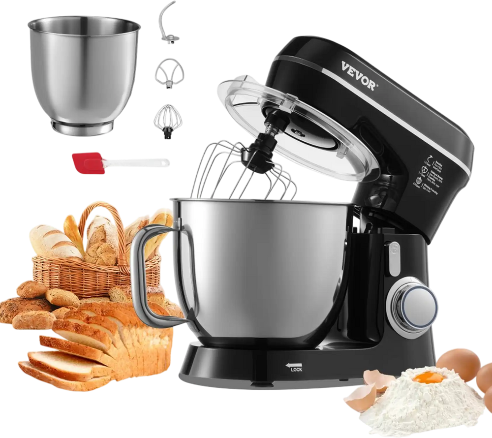 VEVOR Stand Mixer, 5.3QT + 4.4QT Two Stainless Steel Bowls, 10+P Speeds Tilt-head Food Mixer, Kitchen Mixer with Dough Hook, Wire Whip, Beater, Scraper, Household Stand Mixer for Baking Mixing, Black