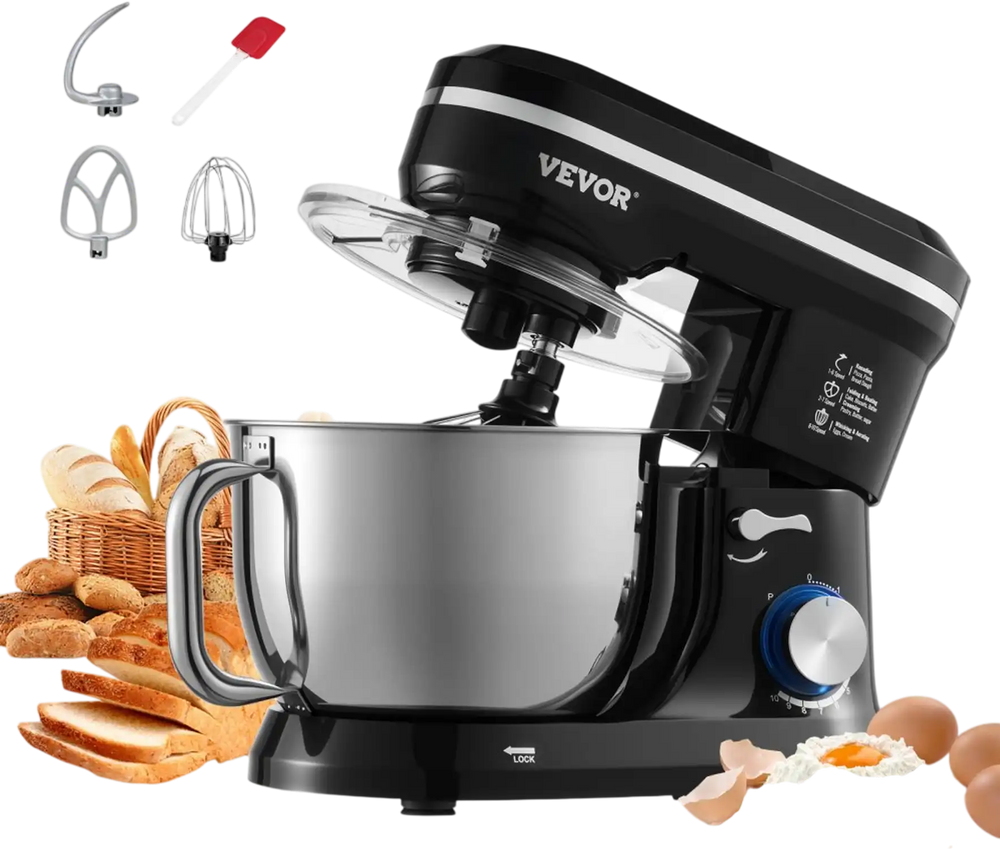 VEVOR Stand Mixer, 5QT Dough Mixer, 10+P Speeds Tilt-head Food Mixer, Kitchen Mixer with Stainless Steel Bowl, Dough Hook, Wire Whip, Beater, Scraper, Household Stand Mixer for Baking Mixing, Black