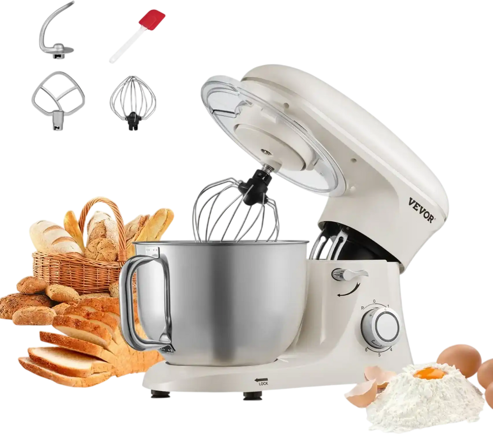 VEVOR Stand Mixer, 6 QT Dough Mixer, 660W 6 + P Speeds Tilt-head Food Mixer with Stainless Steel Bowl, Dough Hook, Wire Whip, Flat Beater, Scraper, Household Stand Mixer for Baking & Mixing, White