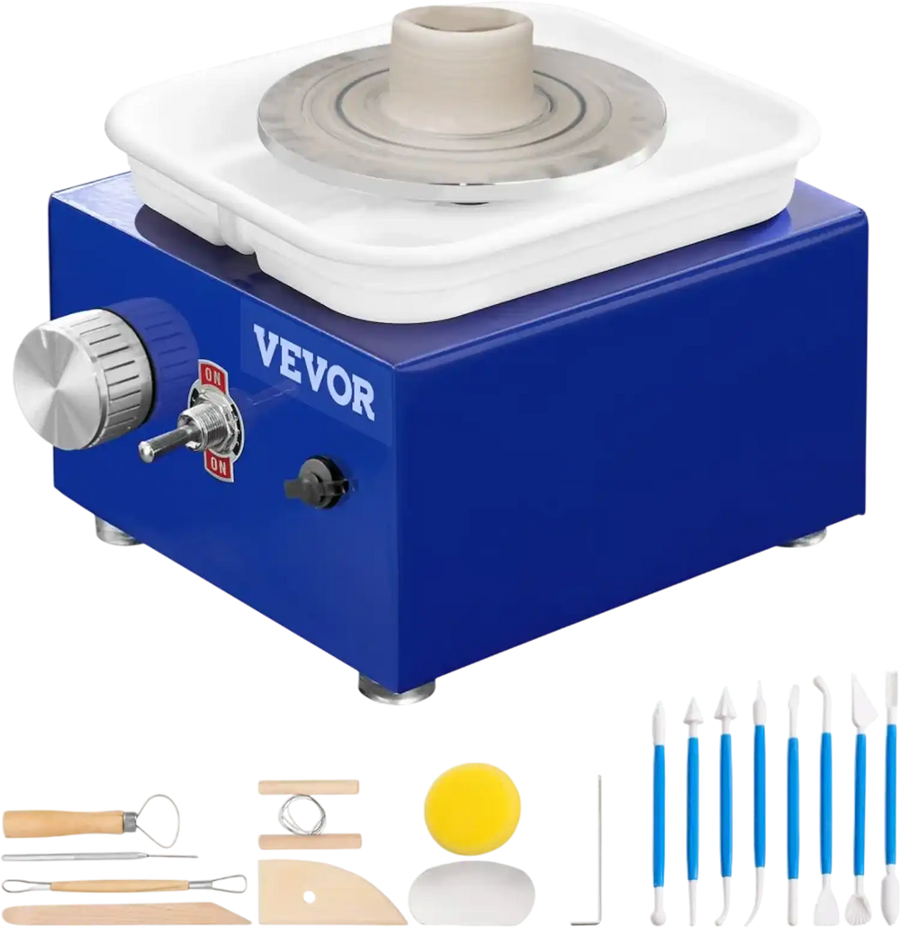 VEVOR Mini Pottery Wheel, for Kids or Beginners, 2 Turntables 2.6in/3.9in Ceramic Wheel Machine, Adjustable 0-300RPM Speed ABS Detachable Basin, 17 Pottery Accessories, Work Art Craft DIY, 30W, Blue