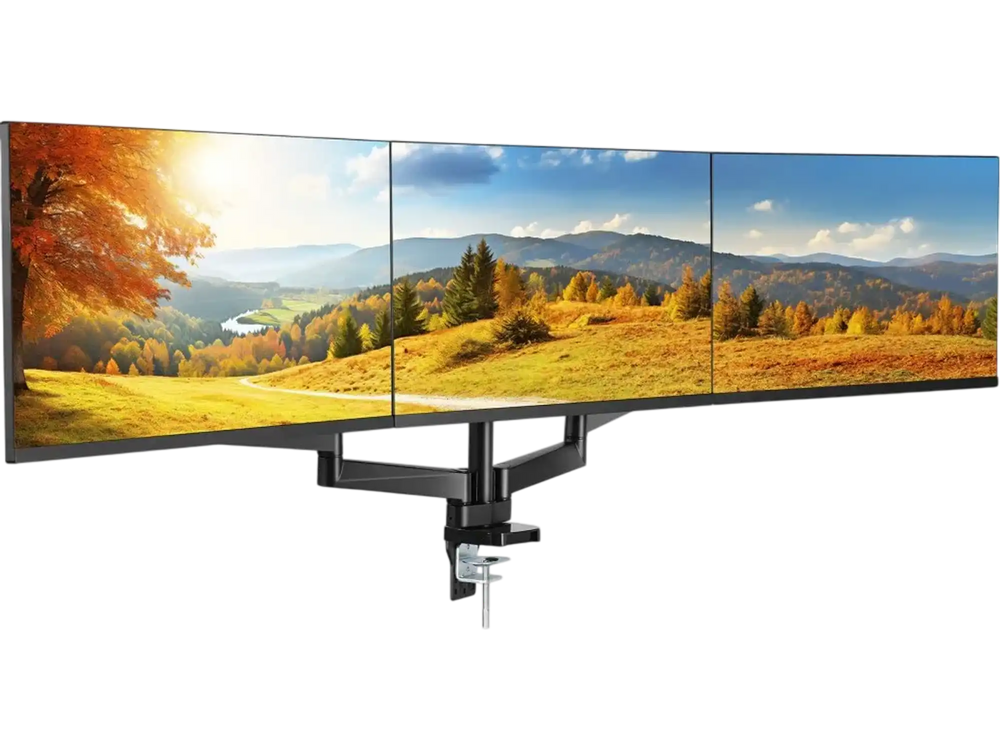 VEVOR Triple Monitor Mount, Supports 13"-27" Screens, Fully Adjustable Gas Spring Monitor Arm, Holds up to 20 lbs per Arm, Triple Monitor Stand with C-Clamp/Grommet Mounting Base, VESA Mount 75/100 mm