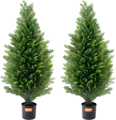 VEVOR Artificial Cedar Topiary Tree, 36 inch Tall (2 Pieces), with Extra Leaves & Pot Faux Evergreen Fake Pine Cypress Trees Plant, UV Rated Artificial Greenery Set for Home Decor Indoor/Outdoor