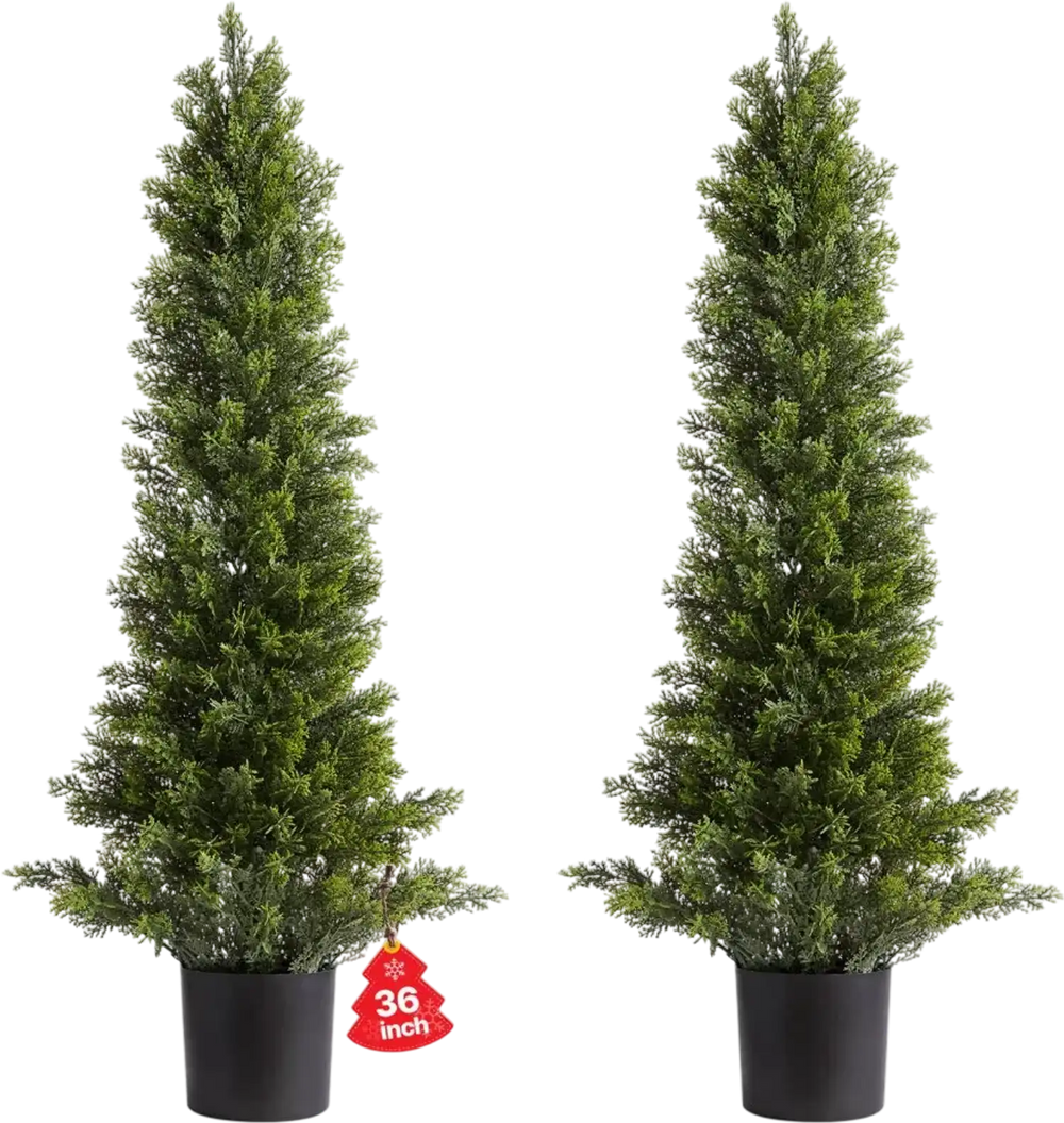 VEVOR Artificial Topiary Cedar Trees, 36 inch 2 Set Faux Pine Shrubs Plants, Fake Silk Tree Look Real, Easy Assembly for Decor Front Porch Outdoor Patio Garden Balcony Backyard Indoor Office