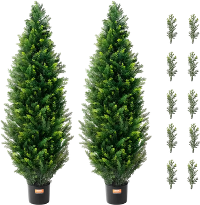 VEVOR Artificial Cedar Topiary Tree, 48 inch Tall (2 Pieces), with Extra Leaves & Pot Faux Evergreen Fake Pine Cypress Trees Plant, UV Rated Artificial Greenery Set for Home Decor Indoor/Outdoor