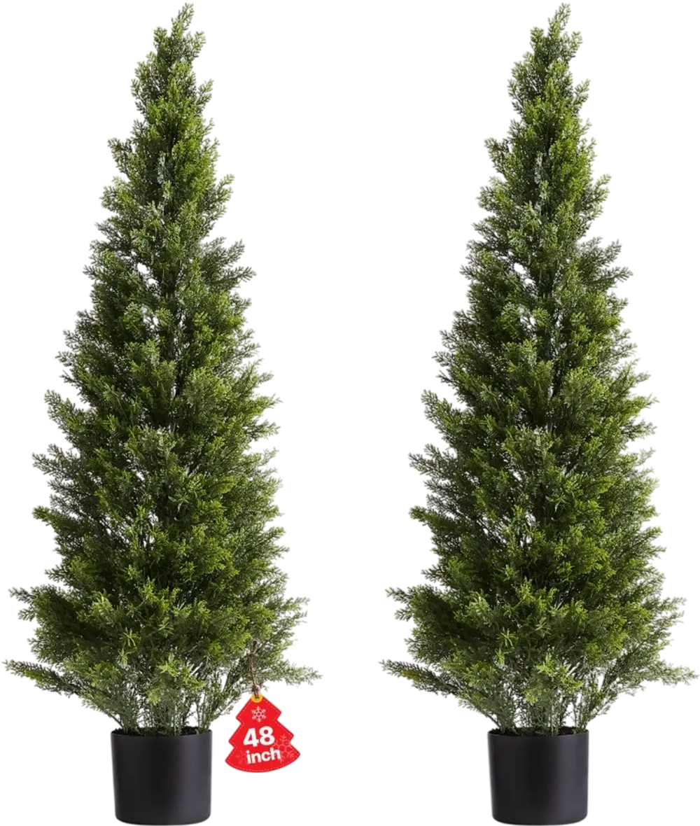 VEVOR Artificial Topiary Cedar Trees, 48 inch 2 Set Faux Pine Shrubs Plants, Fake Silk Tree Look Real, Easy Assembly for Decor Front Porch Outdoor Patio Garden Balcony Backyard Indoor Office