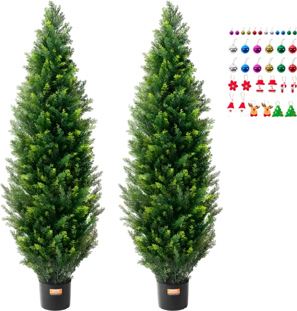 VEVOR Artificial Cedar Topiary Tree, 60 inch Tall (2 Pieces), with Extra Leaves & Pot Faux Evergreen Fake Pine Cypress Trees Plant, UV Rated Artificial Greenery Set for Home Decor Indoor/Outdoor