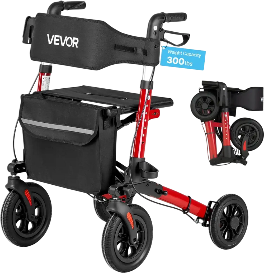 VEVOR Rollator Walker with Seat for Seniors, Ultra Compact 3-Fold Rolling Walker, Lightweight Aluminum Mobility Walking Aid with PU Solid Wheels, Adjustable Handle, Cup & Cane Holder - Supports 300LBS