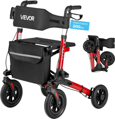 VEVOR Rollator Walker with Seat for Seniors, Ultra Compact 3-Fold Rolling Walker, Lightweight Aluminum Mobility Walking Aid with PU Solid Wheels, Adjustable Handle, Cup & Cane Holder - Supports 300LBS