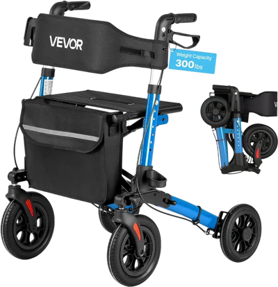 VEVOR Rollator Walker with Seat for Seniors, Ultra Compact 3-Fold Rolling Walker, Lightweight Aluminum Mobility Walking Aid with PU Solid Wheels, Adjustable Handle, Cup & Cane Holder - Supports 300LBS