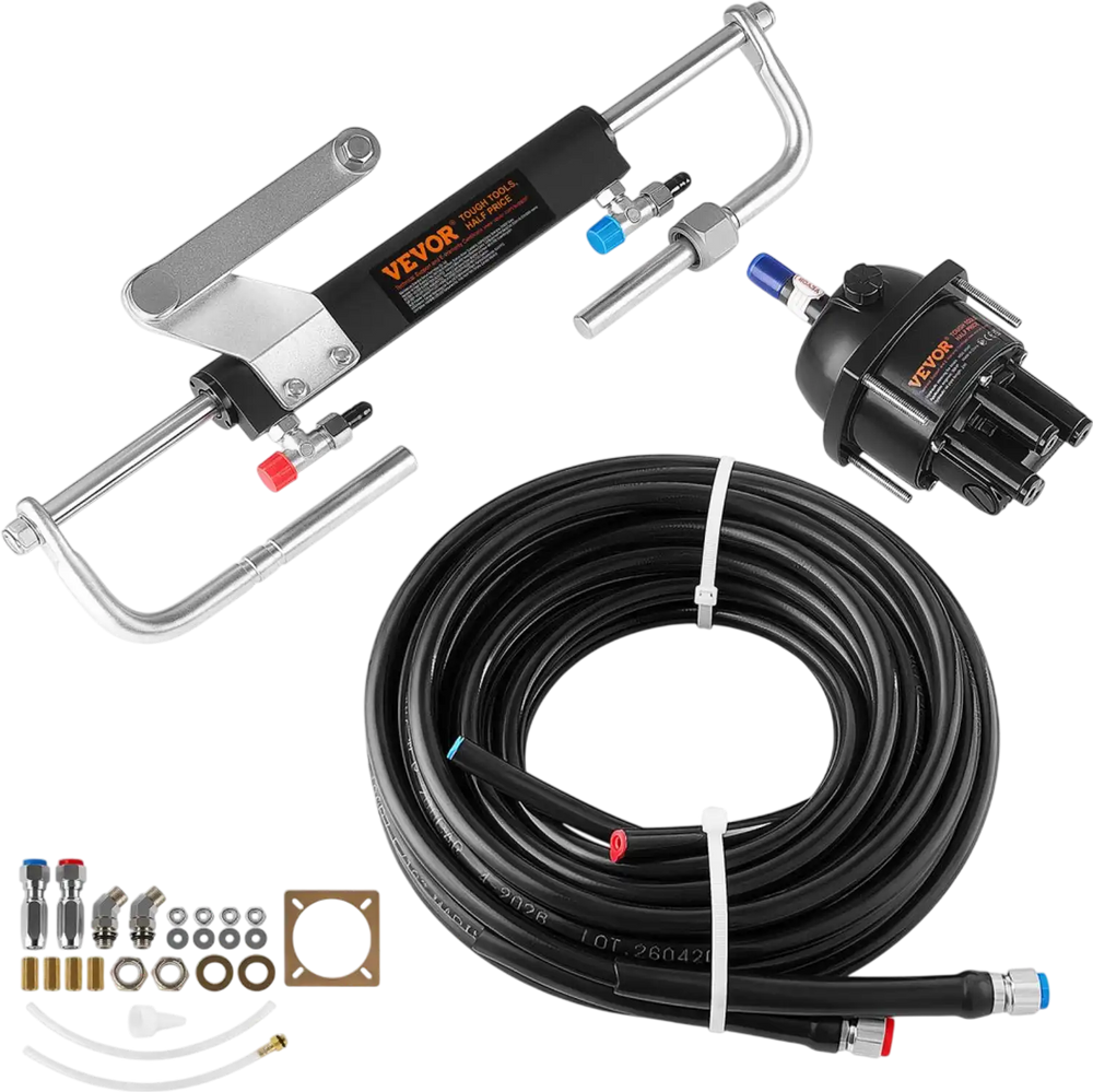 VEVOR Hydraulic Steering Kit 90HP Hydraulic Outboard Steering System 24 ft, Marine Boat Steering System, 2.5 MPa Helm Pump, Two-Way Lock Cylinder, 24 Feet High-Strength Hoses, for Single-Engine Use