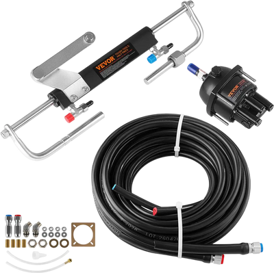 VEVOR Hydraulic Steering Kit 90HP Hydraulic Outboard Steering System 24 ft, Marine Boat Steering System, 2.5 MPa Helm Pump, Two-Way Lock Cylinder, 24 Feet High-Strength Hoses, for Single-Engine Use