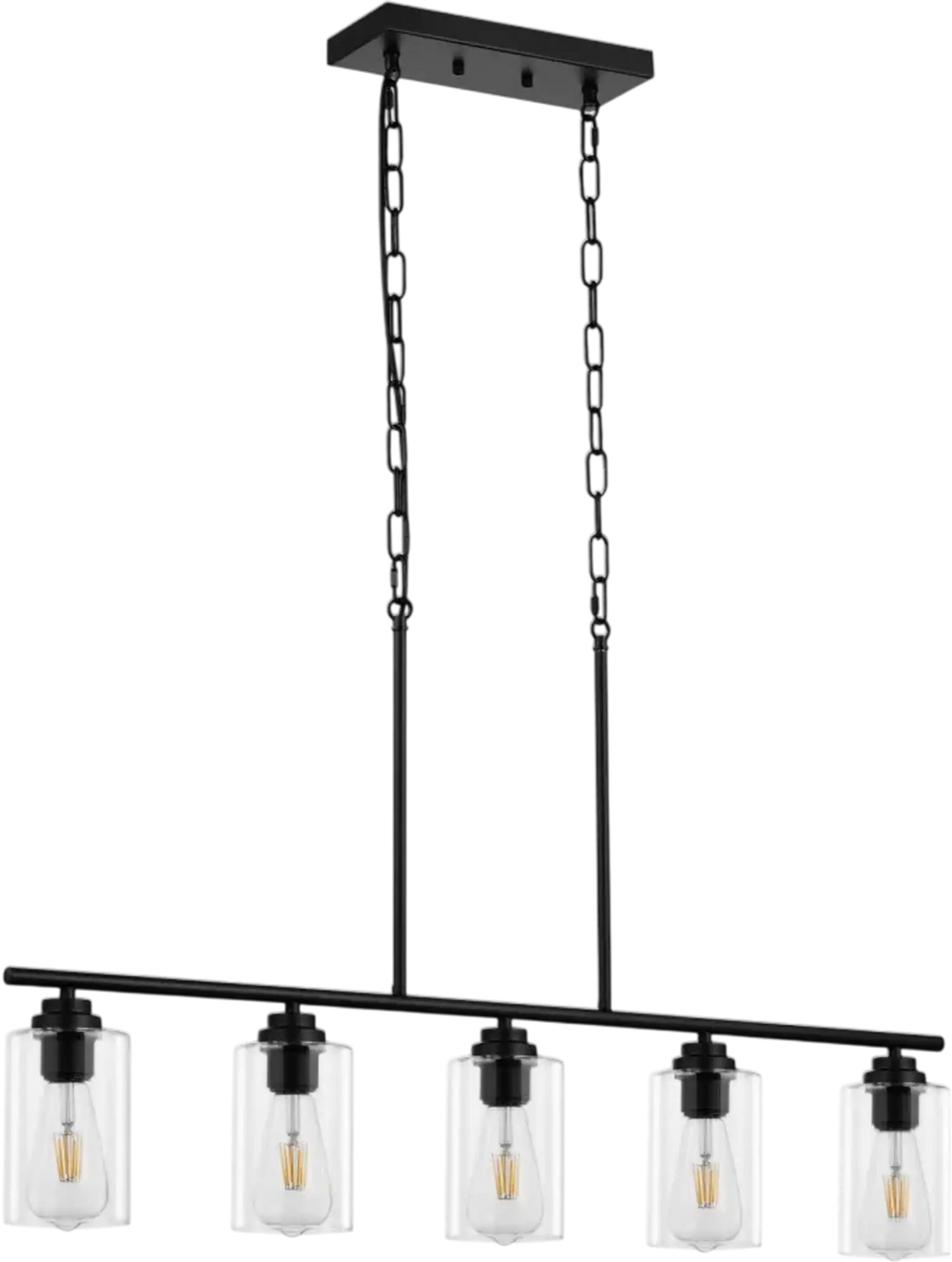 VEVOR 5-Light Kitchen Island Pendant Lights, 60W, Adjustable Dining Room Light Fixture with Clear Glass Lampshade 4 Rods 2 Metal Chains, Metal Frame Farmhouse Linear Chandeliers for Dining Room, E26