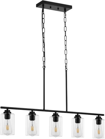 VEVOR 5-Light Kitchen Island Pendant Lights, 60W, Adjustable Dining Room Light Fixture with Clear Glass Lampshade 4 Rods 2 Metal Chains, Metal Frame Farmhouse Linear Chandeliers for Dining Room, E26