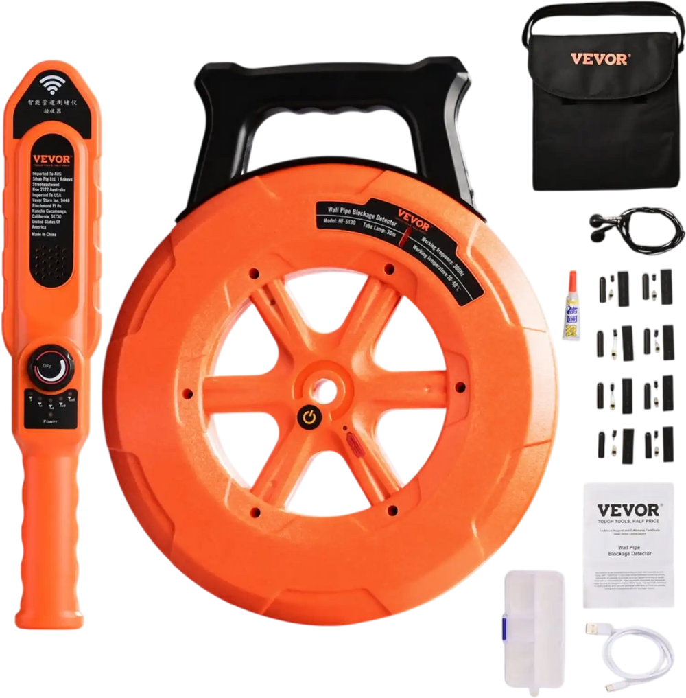 VEVOR Pipe Locators, 100ft/30m PVC Pipe Locators Underground, IP67 Waterproof Pipe Blockage Detector with Adjustable Sensitivity, Sewer Wall Scanner Plumbing Tool for PVC Plastic Metal Water Pipes