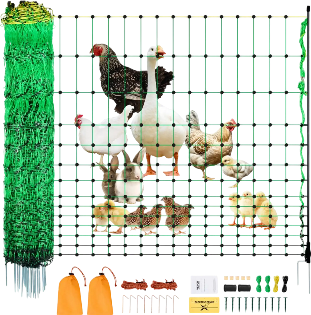 VEVOR Electric Fence Netting, 48" H x 100' L, PE Net Fencing Kit with Posts & Double-Spiked Stakes, Utility Portable Mesh for Chickens, Ducks, Geese, Rabbits, Used in Backyards, Farms, and Ranches