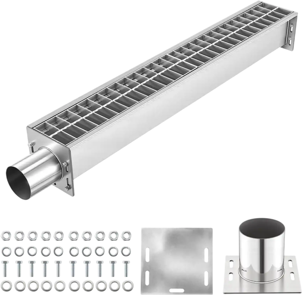 VEVOR Trench Drain, 43.3 x 5.8 x 5.5 in, Linear Drainage Channel with Carbon Steel Grate, 304 Stainless Steel Channel Drain, Premium Outdoor Drainage System for Driveway, Patio, Pool, Garden, Silver