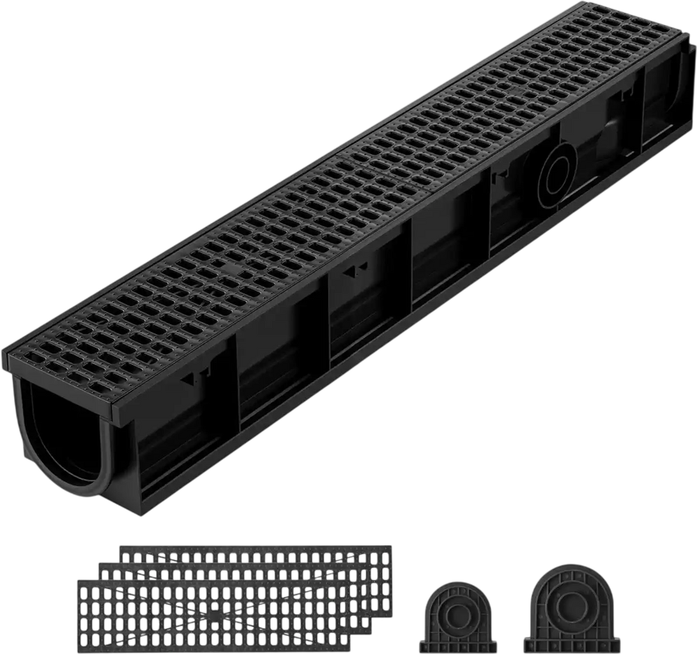 VEVOR Trench Drain, 40.2 x 6.6 x 5.5 in, 3 Pack Linear Drainage Channel, HDPE Channel Drain with Grates & End Caps, Premium Outdoor Drainage System for Driveway, Patio, Pool, Garden, Yard, Black