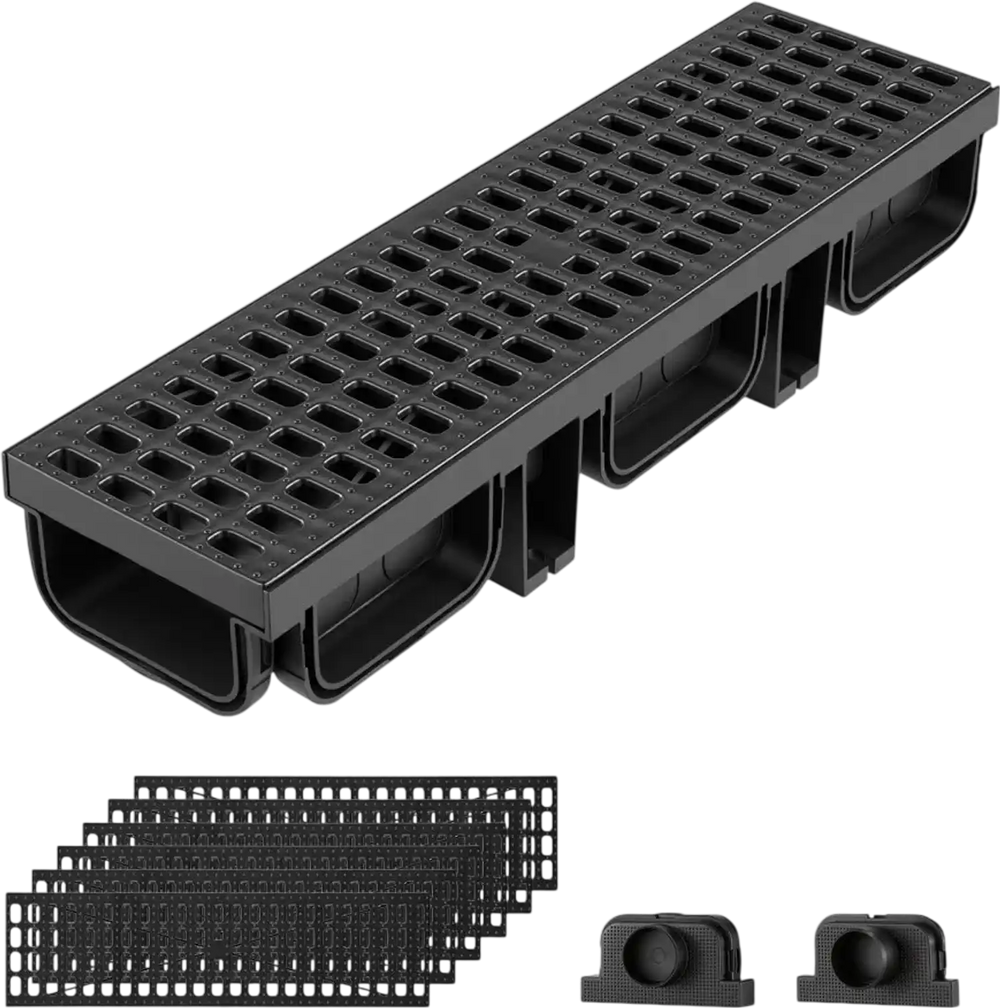 VEVOR Trench Drain, 20.1 x 5.5 x 3.5 in, 6 Pack Linear Drainage Channel, HDPE Channel Drain with Grates & End Caps, Premium Outdoor Drainage System for Driveway, Patio, Pool, Garden, Yard, Black