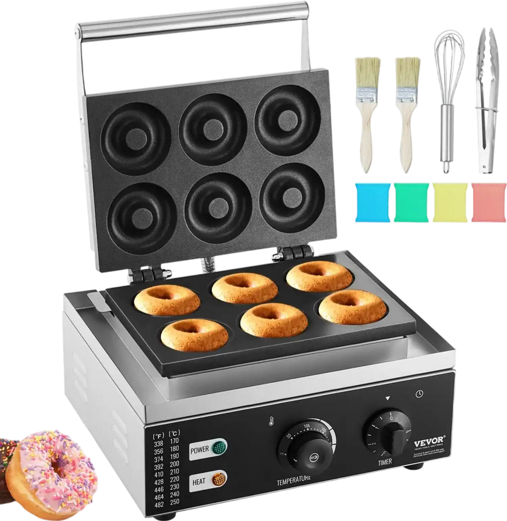 VEVOR Electric Donut Maker, 1550W Commercial Doughnut Machine with Non-stick Surface, 6 Holes Double-Sided Heating Waffle Machine Makes 6 Doughnuts, Temperature 122-572℉, for Restaurant and Home Use