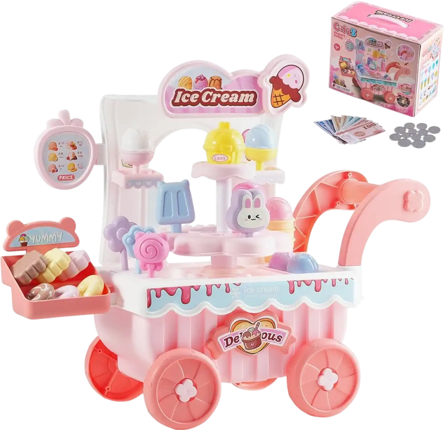 Vevor Ice Cream Cart Toy Pretend Play Store with Storage Trolley Pink New