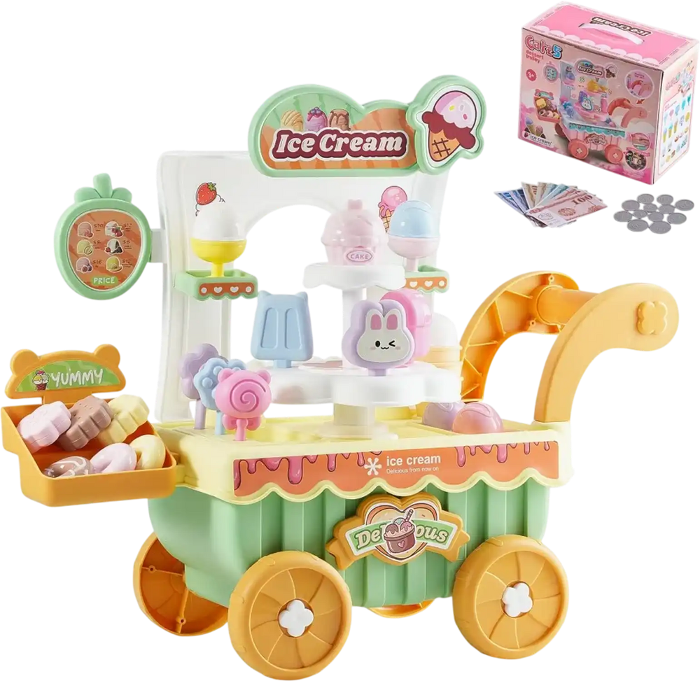 VEVOR Ice Cream Cart for Kids, 27 PCS Accessories, Pretend Play Store with Storage Trolley with Pretend Money, Sound & Light Effects, Montessori Educational Ice Cream Truck Toys for Toddlers 3+