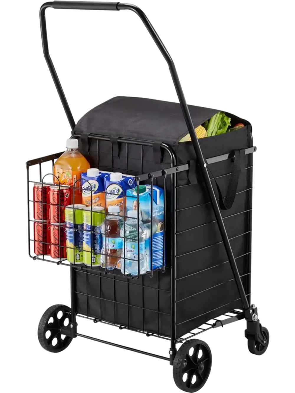 VEVOR Shopping Cart, Folding Grocery Utility Cart with Dual Baskets, Waterproof Liner & Wheels, 100 LBS Large Load Capacity, Heavy Duty Laundry Basket for Laundry, Shopping, Camping, Grocery, Luggage