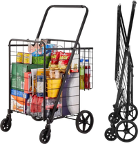 VEVOR Folding Shopping Cart, Jumbo Grocery Cart with Double Baskets, 360° Swivel Wheels, Heavy Duty Utility Cart, 110 LBS Large Capacity Utility Cart for Laundry, Shopping, Grocery, Luggage