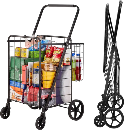 VEVOR Folding Shopping Cart, Jumbo Grocery Cart with Double Baskets, 360° Swivel Wheels, Heavy Duty Utility Cart, 110 LBS Large Capacity Utility Cart for Laundry, Shopping, Grocery, Luggage