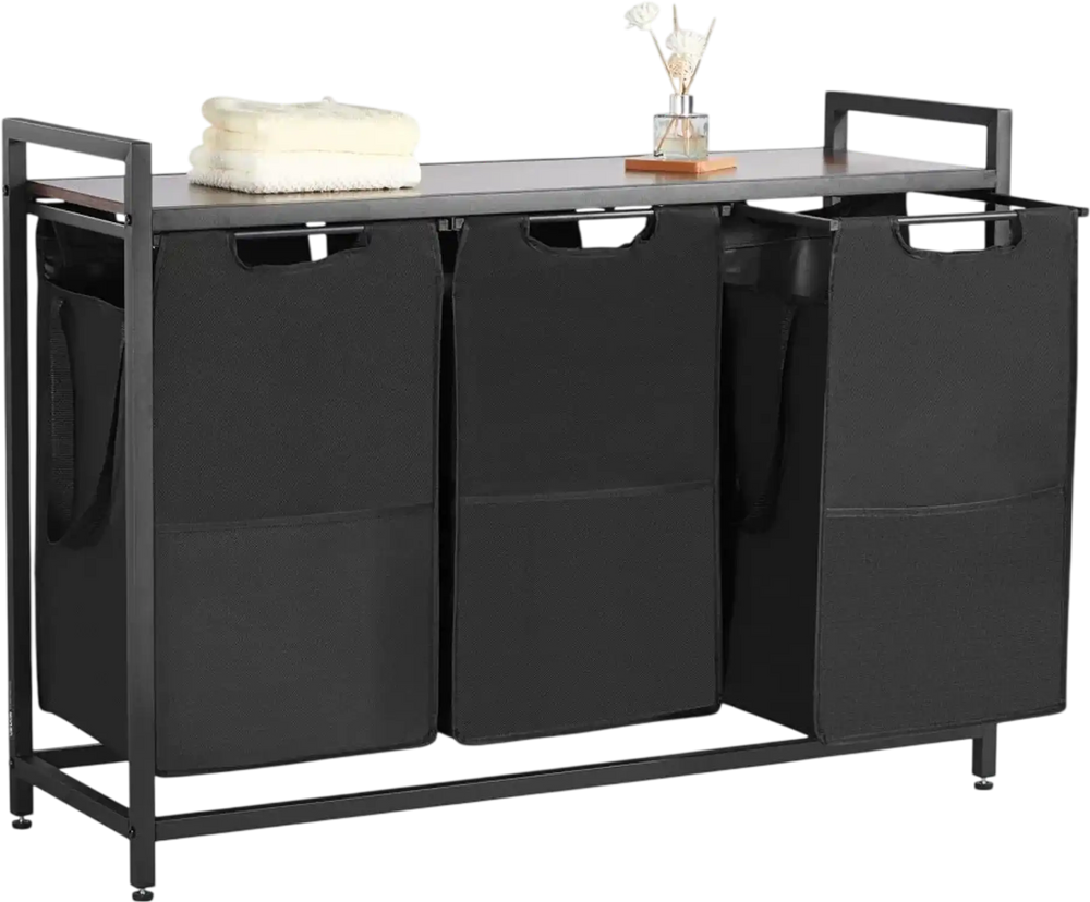 VEVOR 3 Section Laundry Sorter, Large Laundry Hamper with Metal Frame and Wooden Tabletop, Freestanding Storage Organizer Baskets with Pull-Out 600D Oxford Cloth Bags for Dirty Clothes, Bathroom