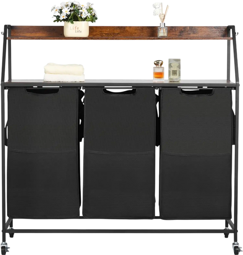 VEVOR 2 Tiers Laundry Sorter, Tall Laundry Hamper with Metal Frame and Wooden Tabletop, 3 Section Rolling Basket Organizer Storage with Ladder Shelves and 600D Oxford Cloth Bags for Dirty Clothes