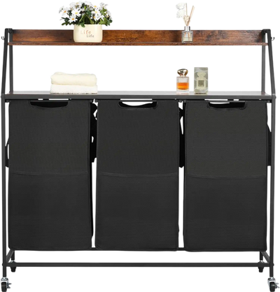 Vevor Laundry Hamper 3-Section Rolling Sorter with 2-Tier Shelves and Wooden Tabletop New