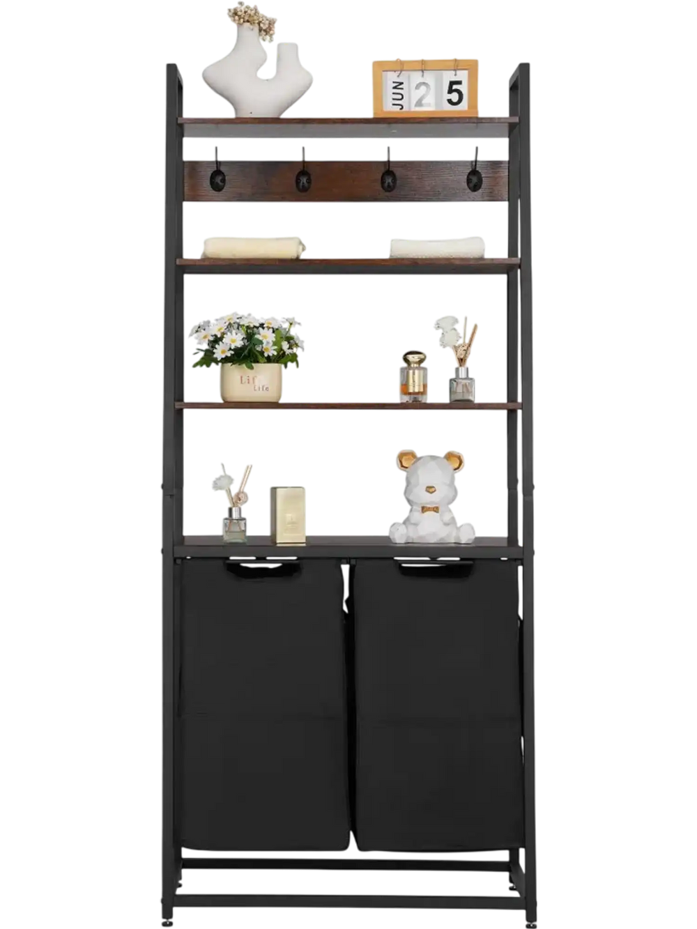 VEVOR 4 Tiers Laundry Sorter, Tall Laundry Hamper with Shelves and Hooks, 2 Section Freestanding Basket Organizer Storage with 600D Oxford Cloth Bags and Ladder Shelves for Dirty Clothes, Bathroom
