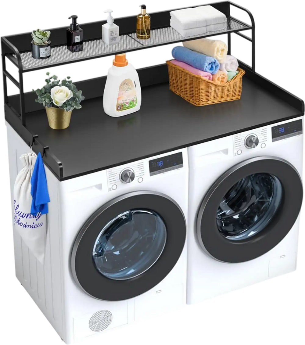 VEVOR Washer Dryer Countertop with 2-Tier Shelf, 54" x 27" Wooden Washer and Dryer Countertop with Anti-Slip Pads, Water-Resistant Laundry Topper Cover for Laundry Room Organization and Storage, Black