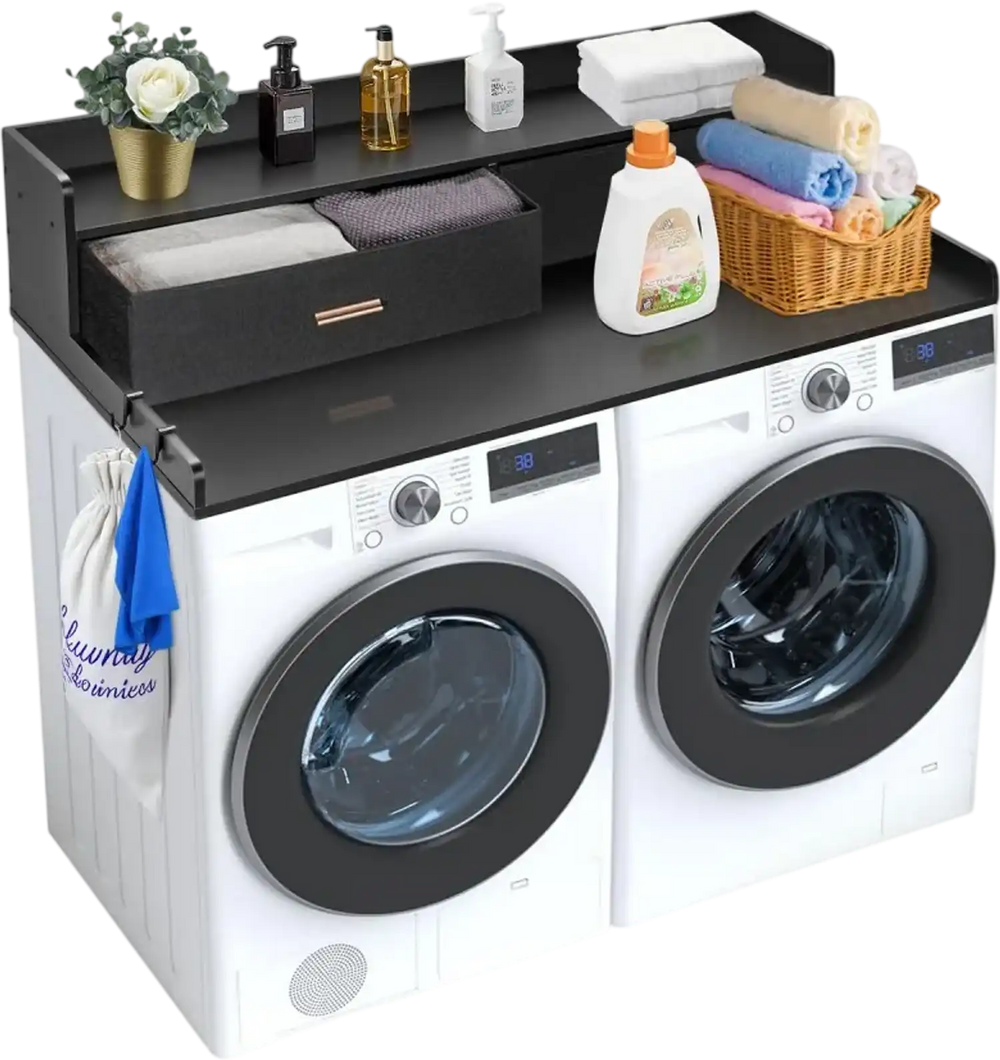 VEVOR 2 Drawers Washer Dryer Countertop with 2-Tier Shelf, 54" x 27" Wooden Washer and Dryer Countertop with Non-Slip Pads, Water-Resistant Laundry Topper for Laundry Room Organization, Black