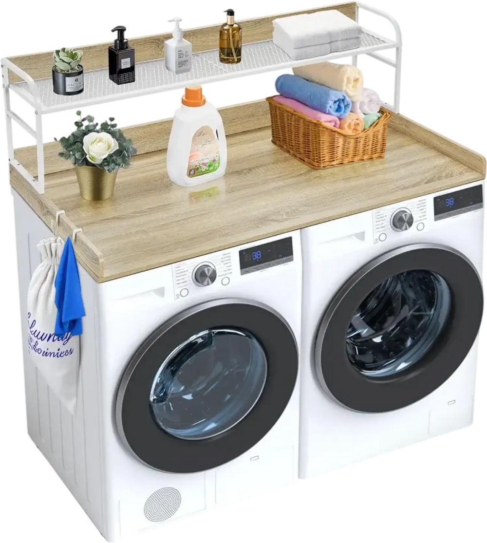 VEVOR Washer Dryer Countertop with 2-Tier Shelf, 54" x 27" Wooden Washer and Dryer Countertop with Anti-Slip Pads, Water-Resistant Laundry Topper Cover for Laundry Room Organization and Storage, Oak