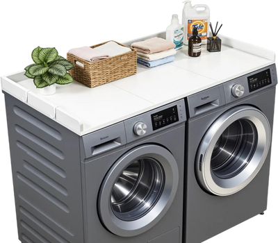 VEVOR Washer Dryer Countertop, 54 x 27.5 in Wooden Washer and Dryer Topper with Edge & 2 Hooks, Water-Resistant Laundry Machine Topper for Laundry Closet Pantry Counter Organization and Storage, White