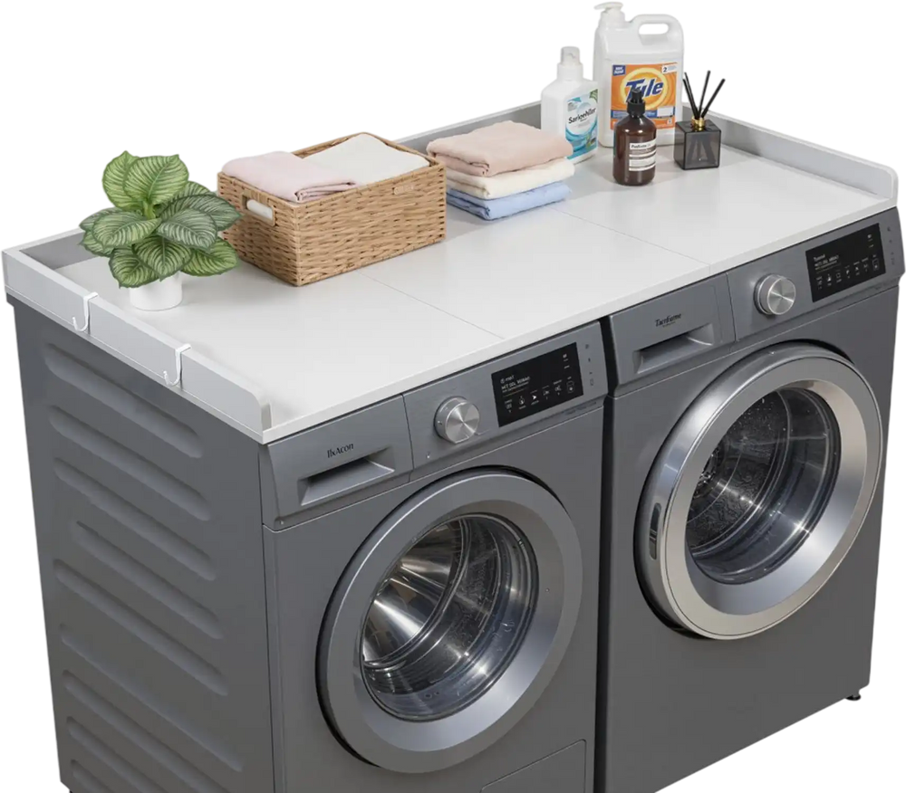 VEVOR Washer Dryer Countertop, 54 x 27.5 in Wooden Washer and Dryer Topper with Edge & 2 Hooks, Water-Resistant Laundry Machine Topper for Laundry Closet Pantry Counter Organization and Storage, Gray