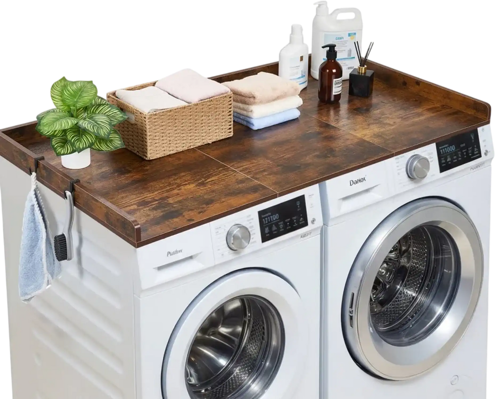 VEVOR Washer Dryer Countertop, 54 x 27.5 in Wooden Washer and Dryer Topper with Edge & 2 Hooks, Water-Resistant Laundry Machine Topper for Laundry Closet Pantry Counter Organization and Storage, Brown