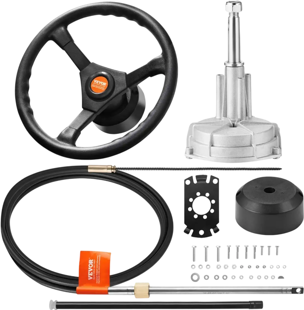 VEVOR Outboard Steering System 10' Steering Cable Marine Steering System 3/4'' Steering Shaft with 13.5 Inch Wheel Flat Interface Marine Steering Kit for Yachts and Waterborne Vehicles, Black