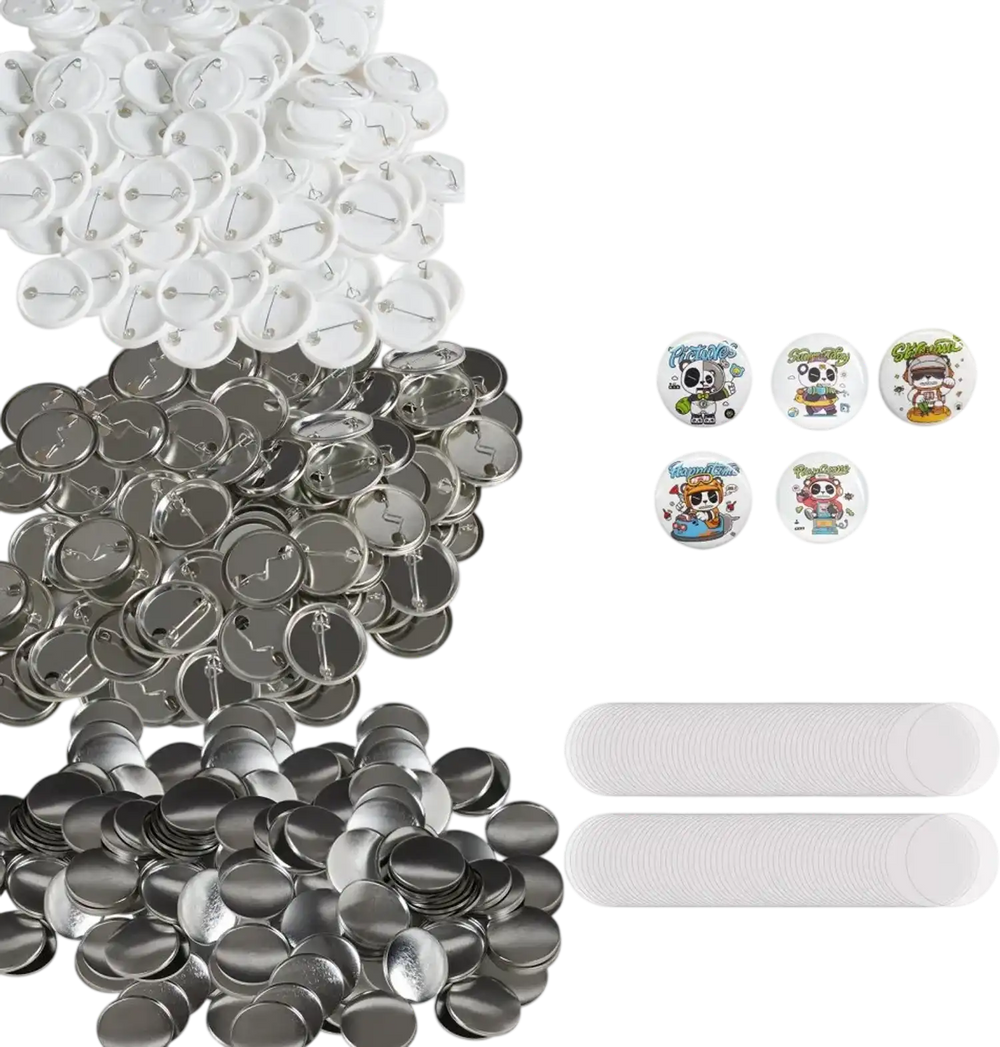 VEVOR 500 Sets 1.25 inch 32mm Pin Back Button Parts, DIY Round Button Badge Parts, Set Includes Metal Top, Plastic/Metal Button, Clear Film, and Blank Paper For Gifts Presents, Machine NOT Included